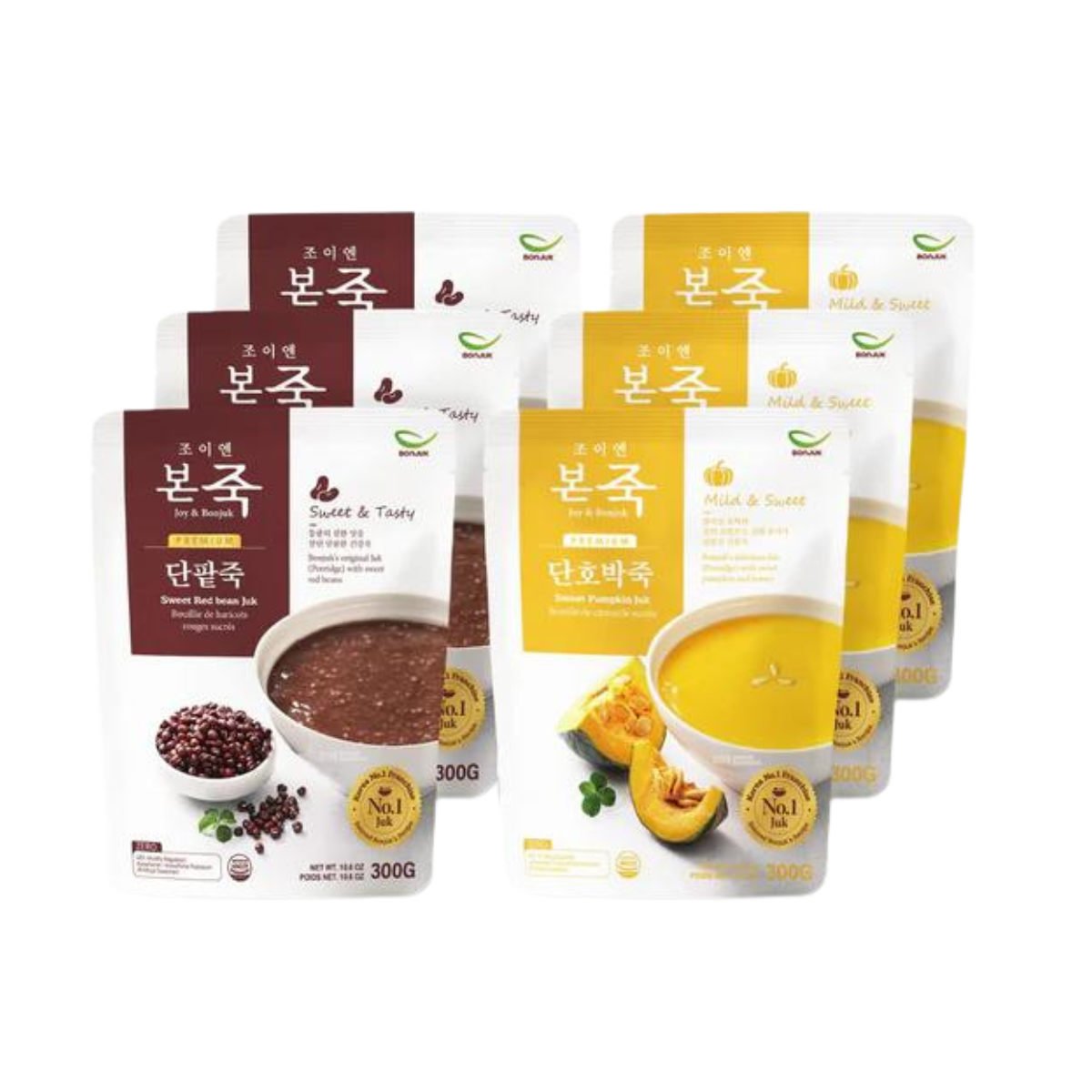 BONJUK 6 Pack Bundle Set (3 x Sweet Red Bean, 3 x Sweet Pumpkin) - Ready to eat meal (300gx6), Easy to prepare porridge pouch